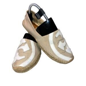 Tory Burch Lonnie Tan and White Logo Espadrille Flat-size 9.5